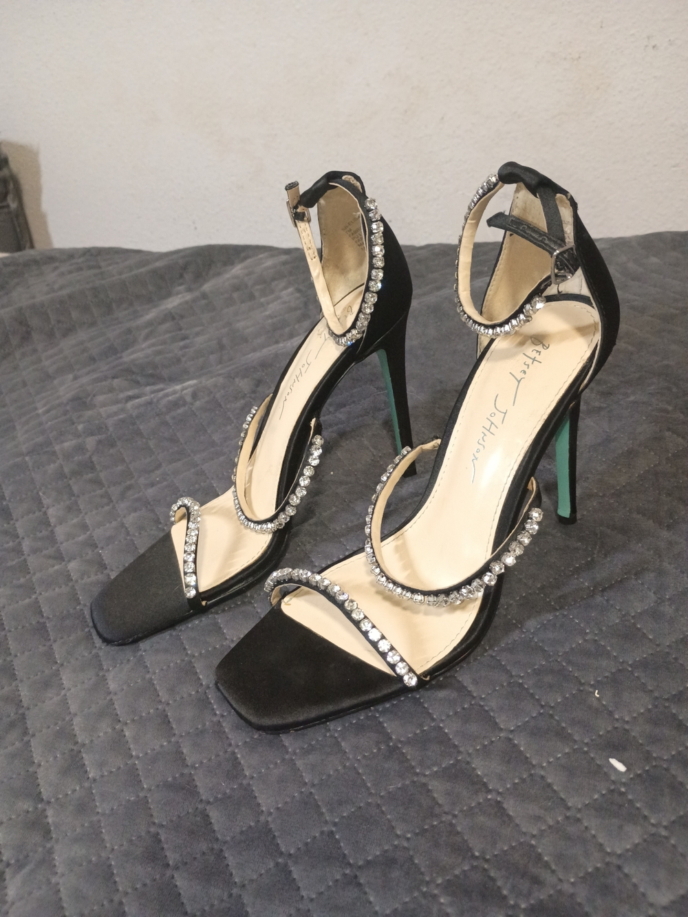 Besty Johnson Black Satin Crystal-Strap Stiletto Heels with Green Soles